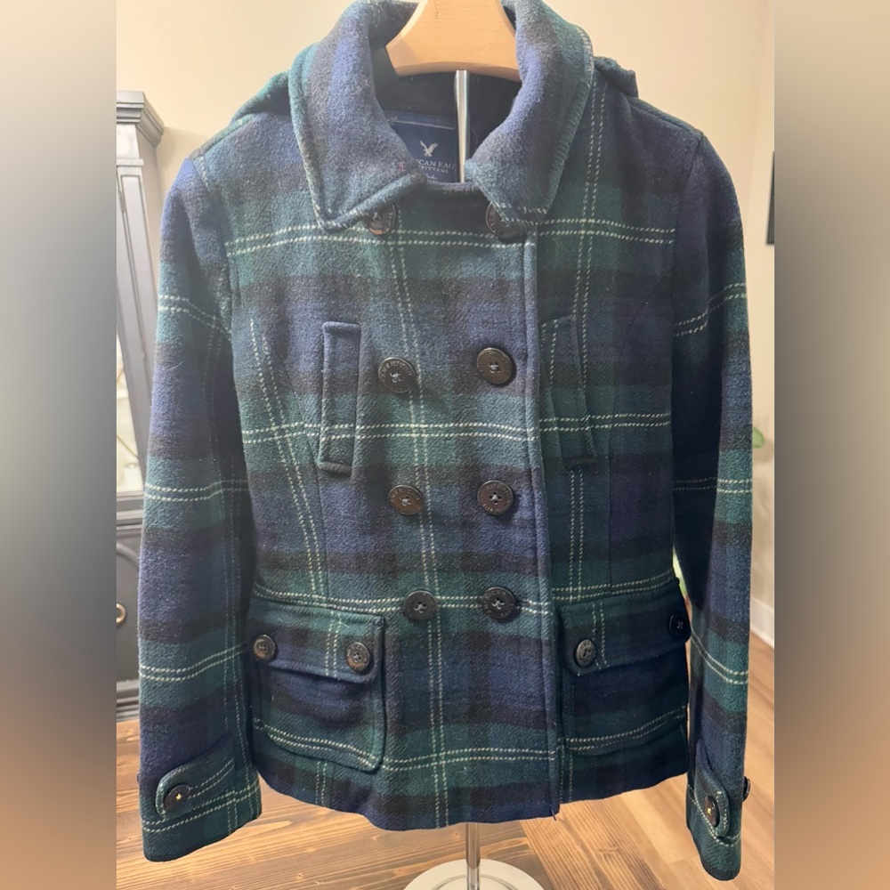 Vintage Y2K American Eagle Outfitters Blue‎ & Green Plaid Wool Pea Coat Size S